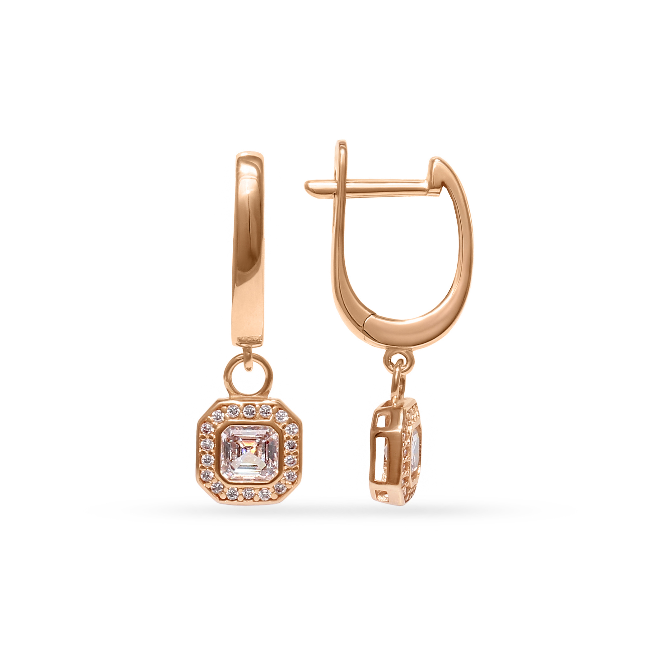 Gold earrings with English lock and cubic zirconia