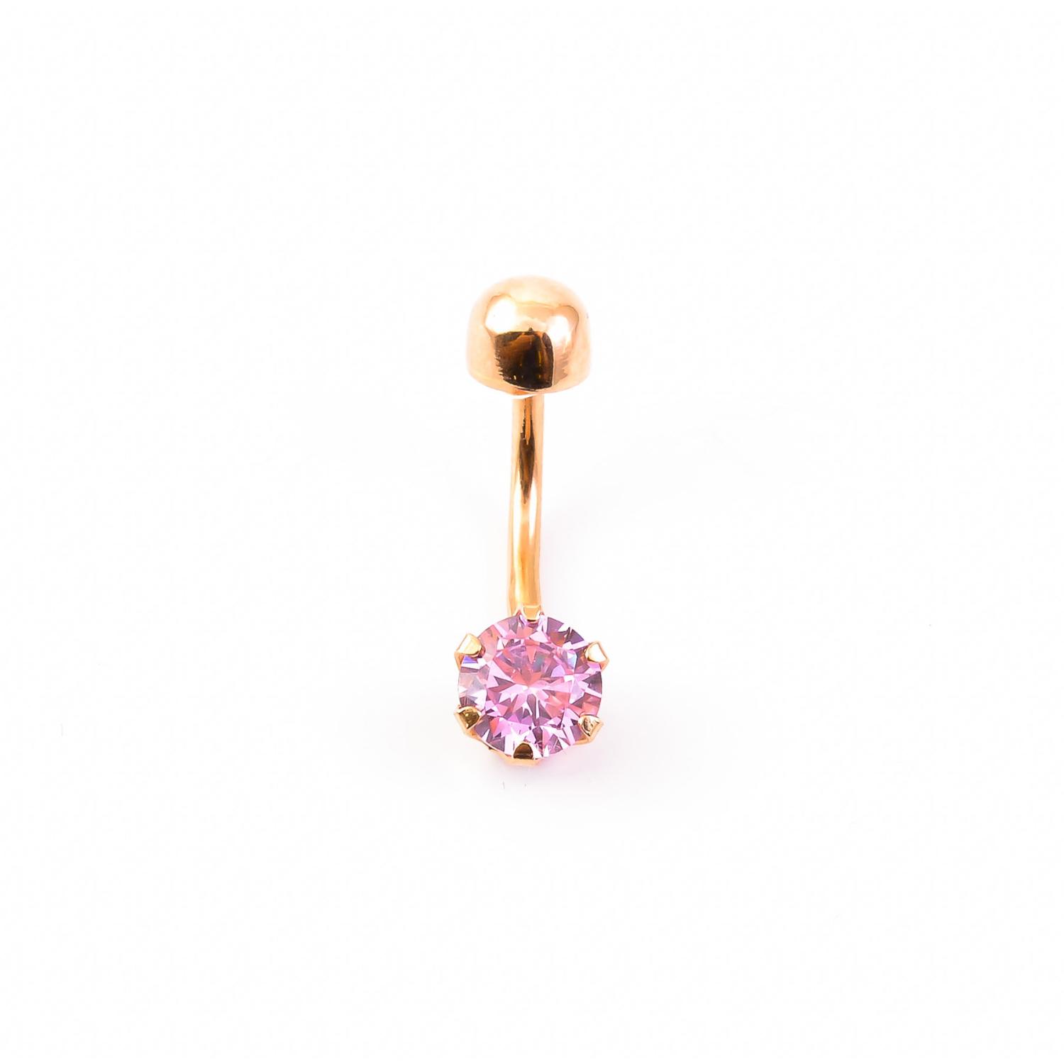 Золотой пирсинг в пупок с розовым кубиком циркония