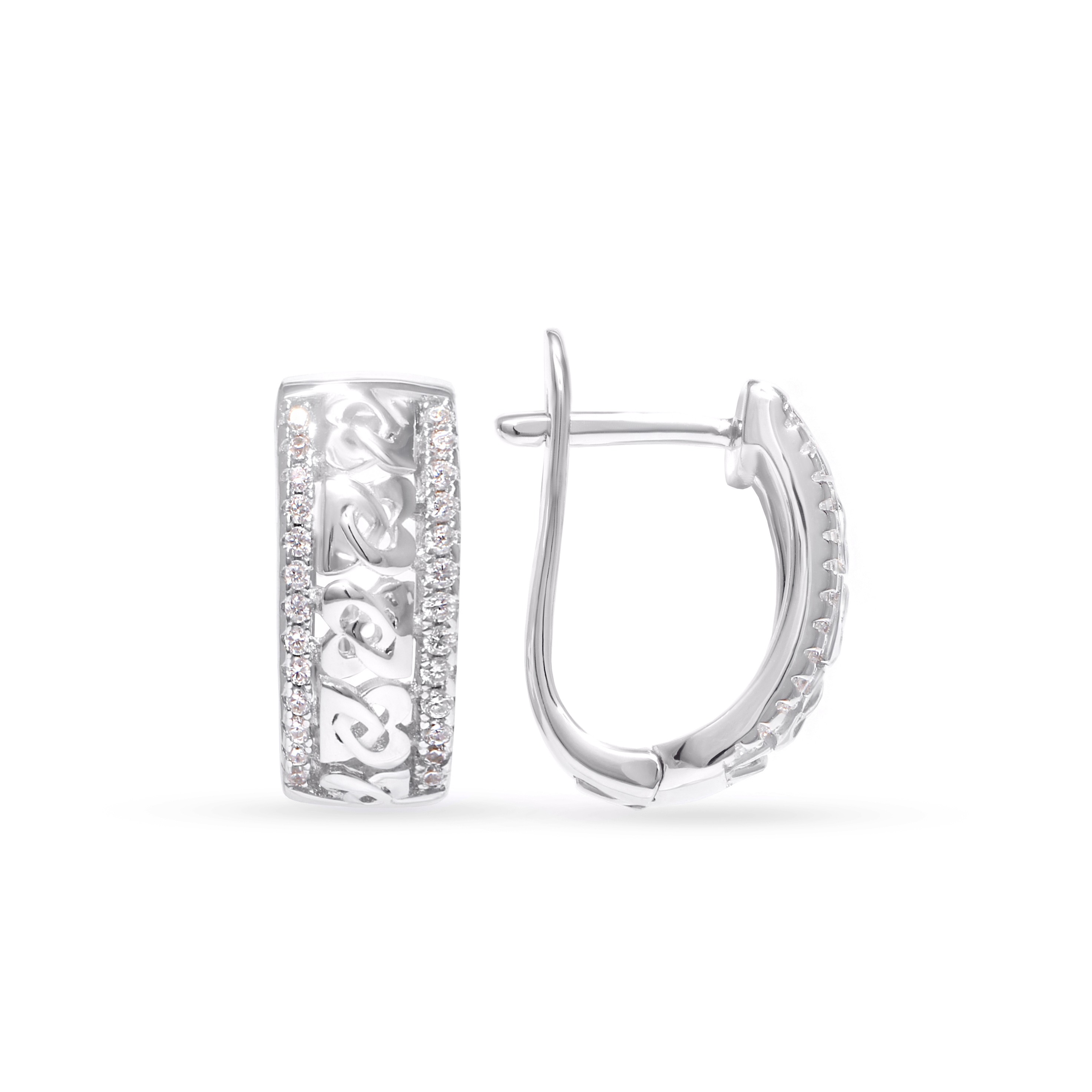 Silver earrings with decorative pattern and cubic zirconia