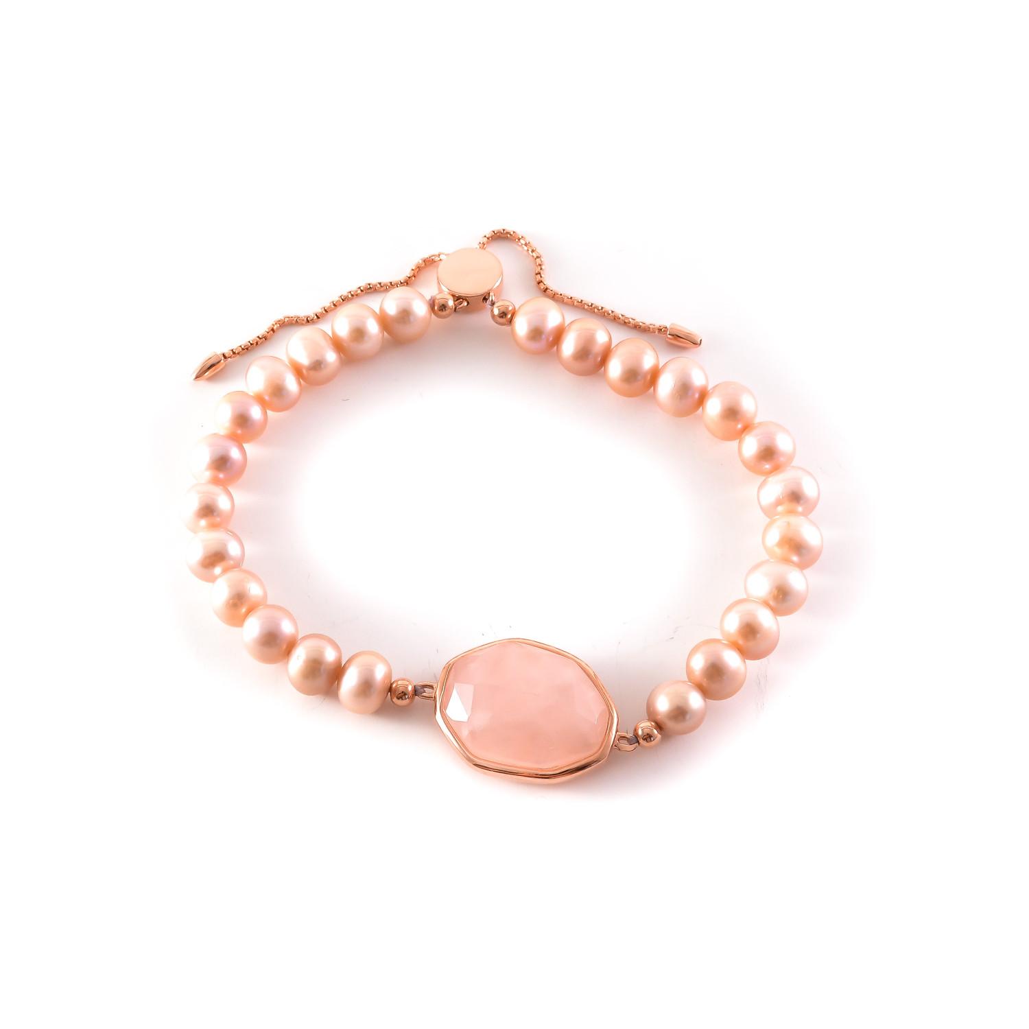 Silver pearl bracelet with pink quartz