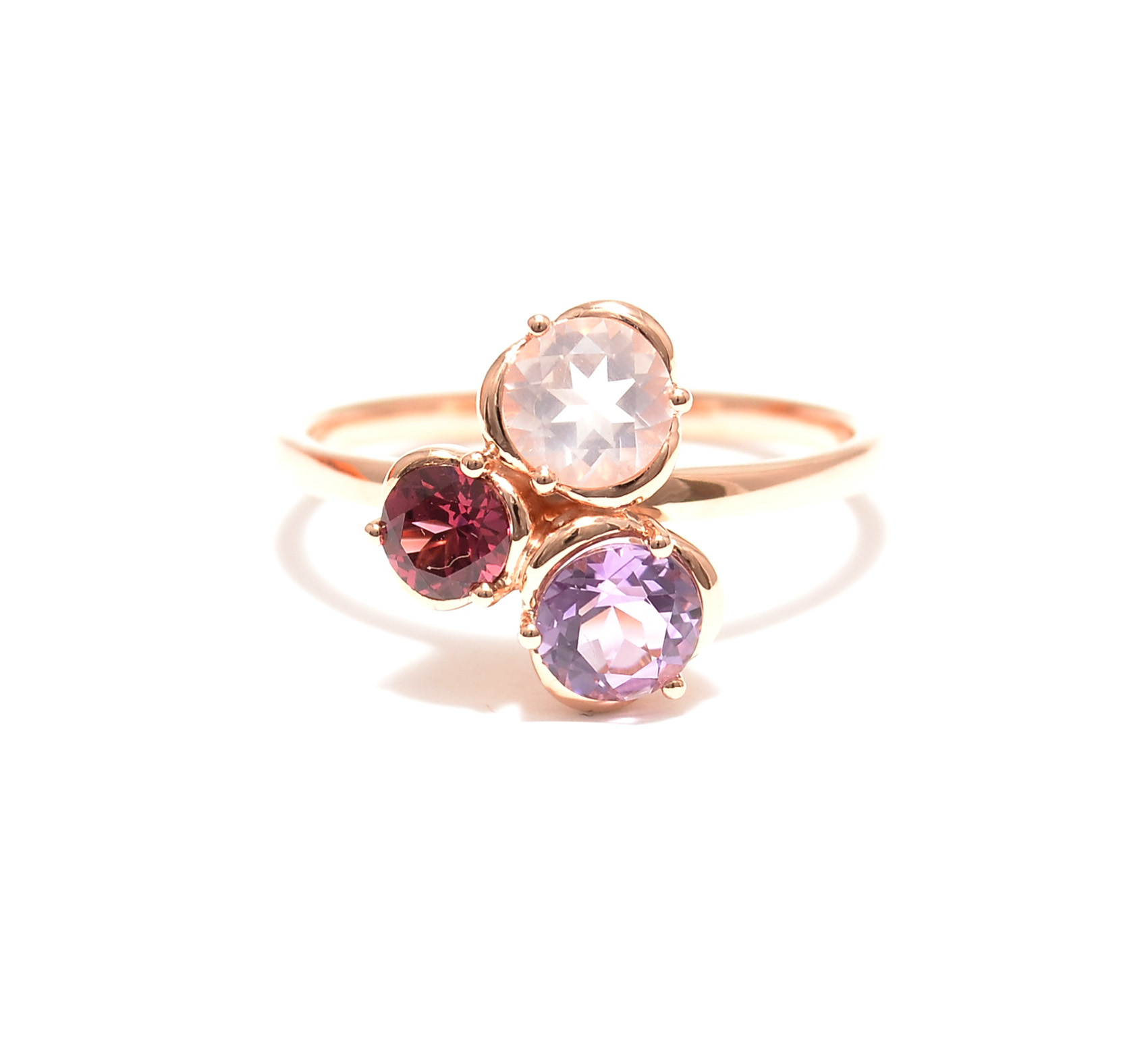 Gold ring with amethyst, quartz and rhodolite