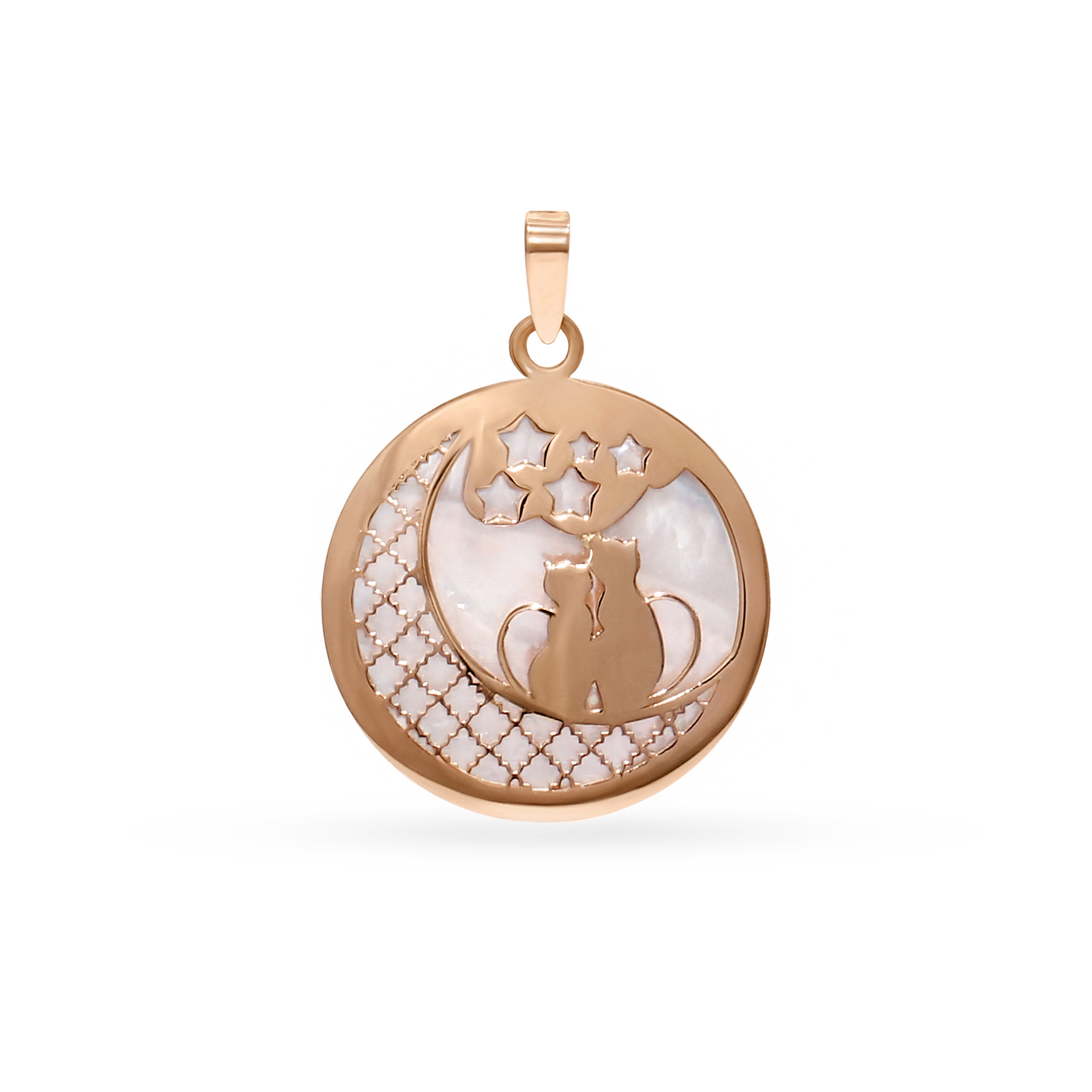 Gold pendant with cats on the moon and mother-of-pearl